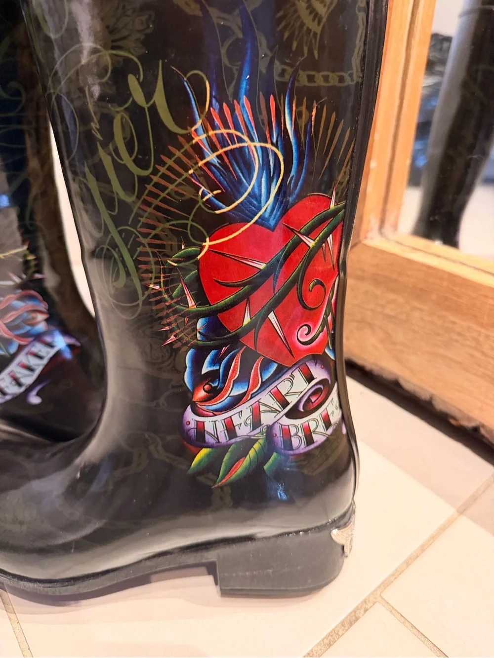 Christian Audigier Women's Black Glossy Floral tattoo print Rain Boots 8